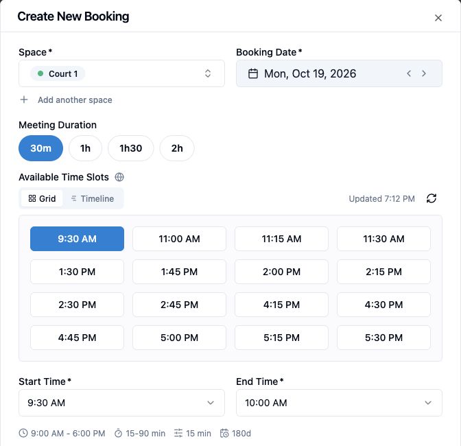 Real Court 1 booking form showing available starts around an existing coaching booking