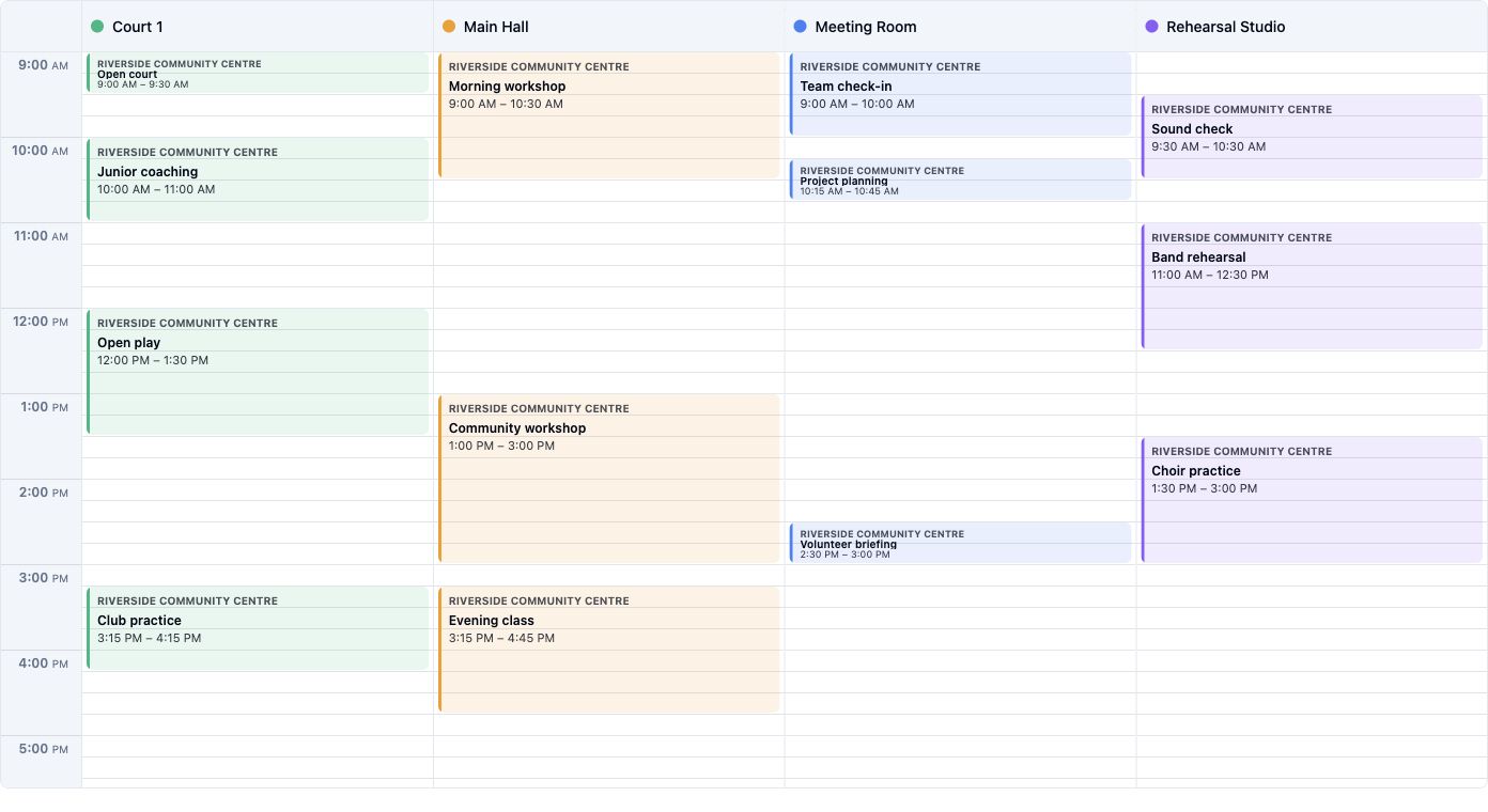 Spacebook day grid with Court 1 sessions alongside other spaces at a multi-use venue